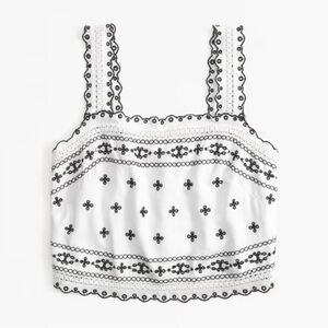 Abercrombie & Fitch Linen-Blend Embroidered Tie-Back Top in White & Black, Large